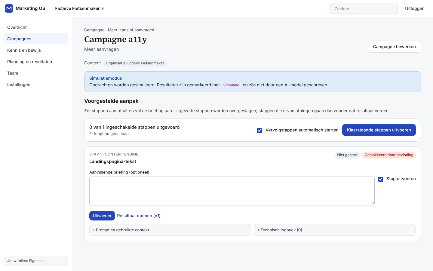 Campagnepagina: voorgestelde aanpak met stappen, status en uitklapbare prompt