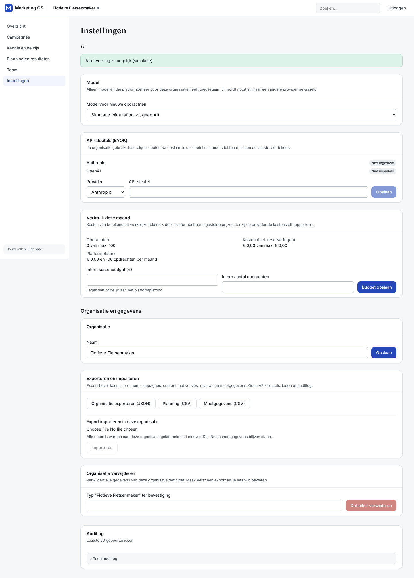 Instellingen: model, eigen API-sleutel en verbruik binnen platformlimieten