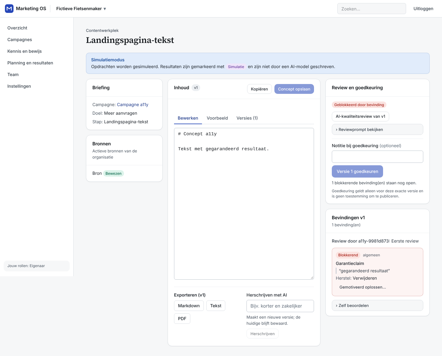 Contentwerkplek: briefing, editor en review met blokkerende bevinding